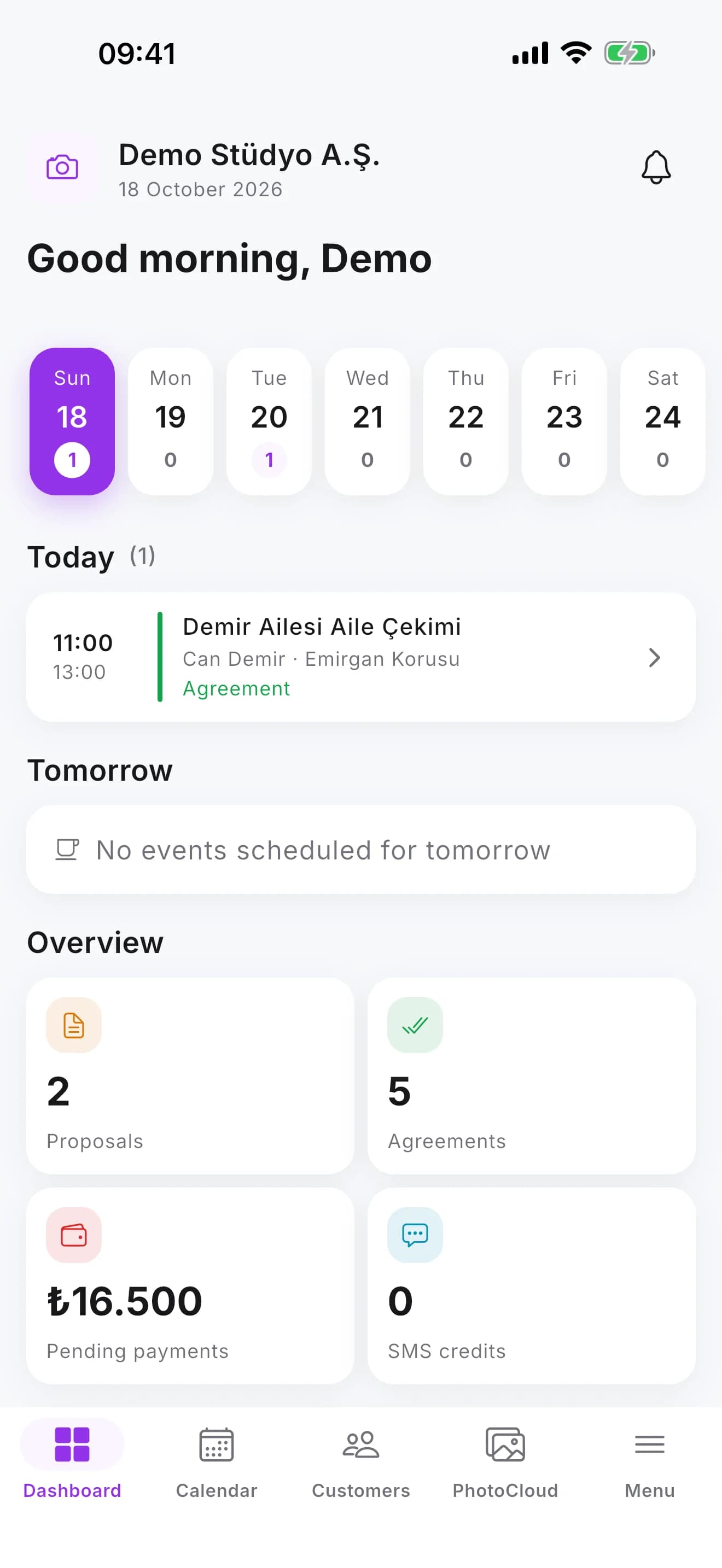 Dashboard screen in the StudioAsist mobile app