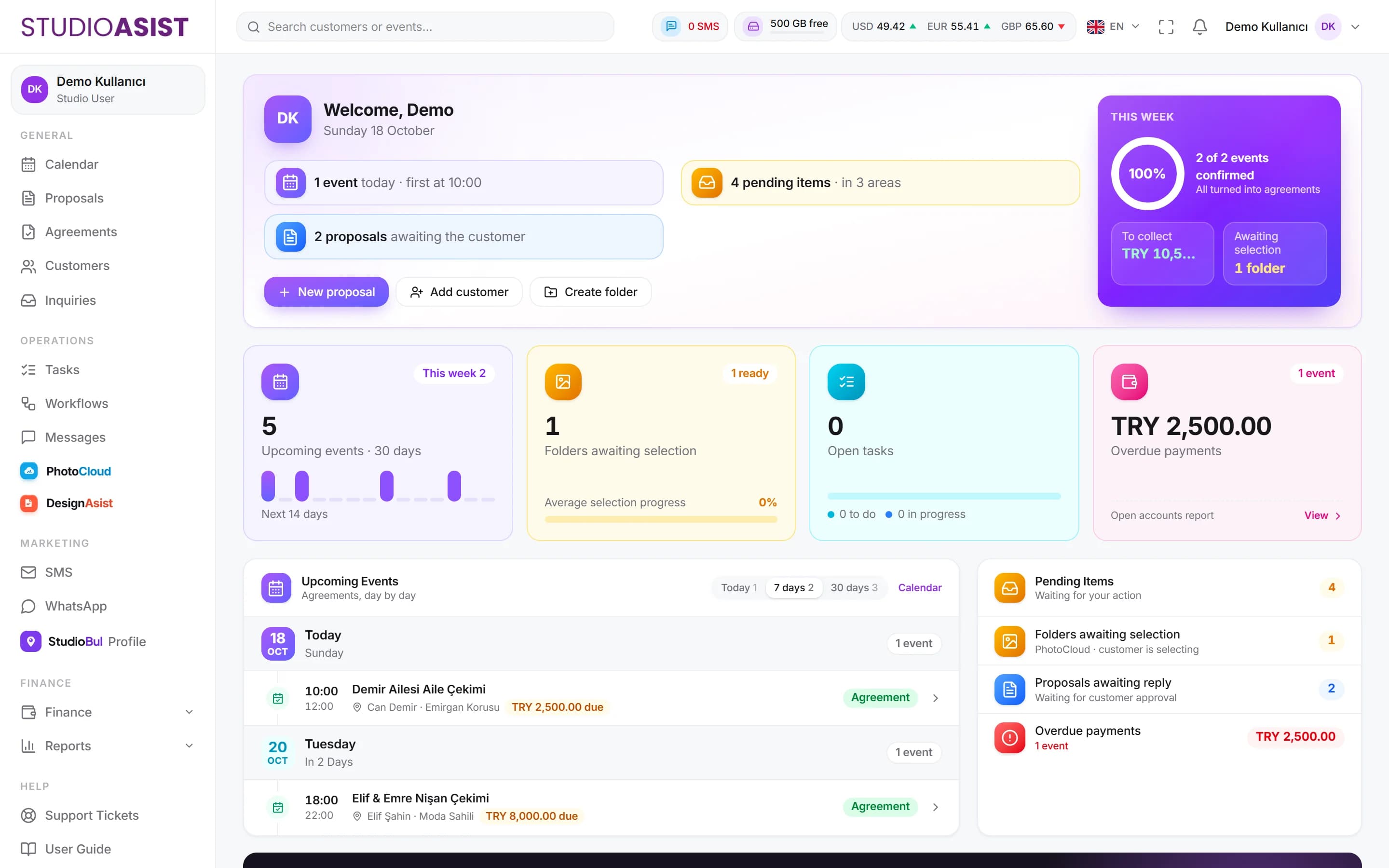 StudioAsist web panel: today's events, pending work and summary