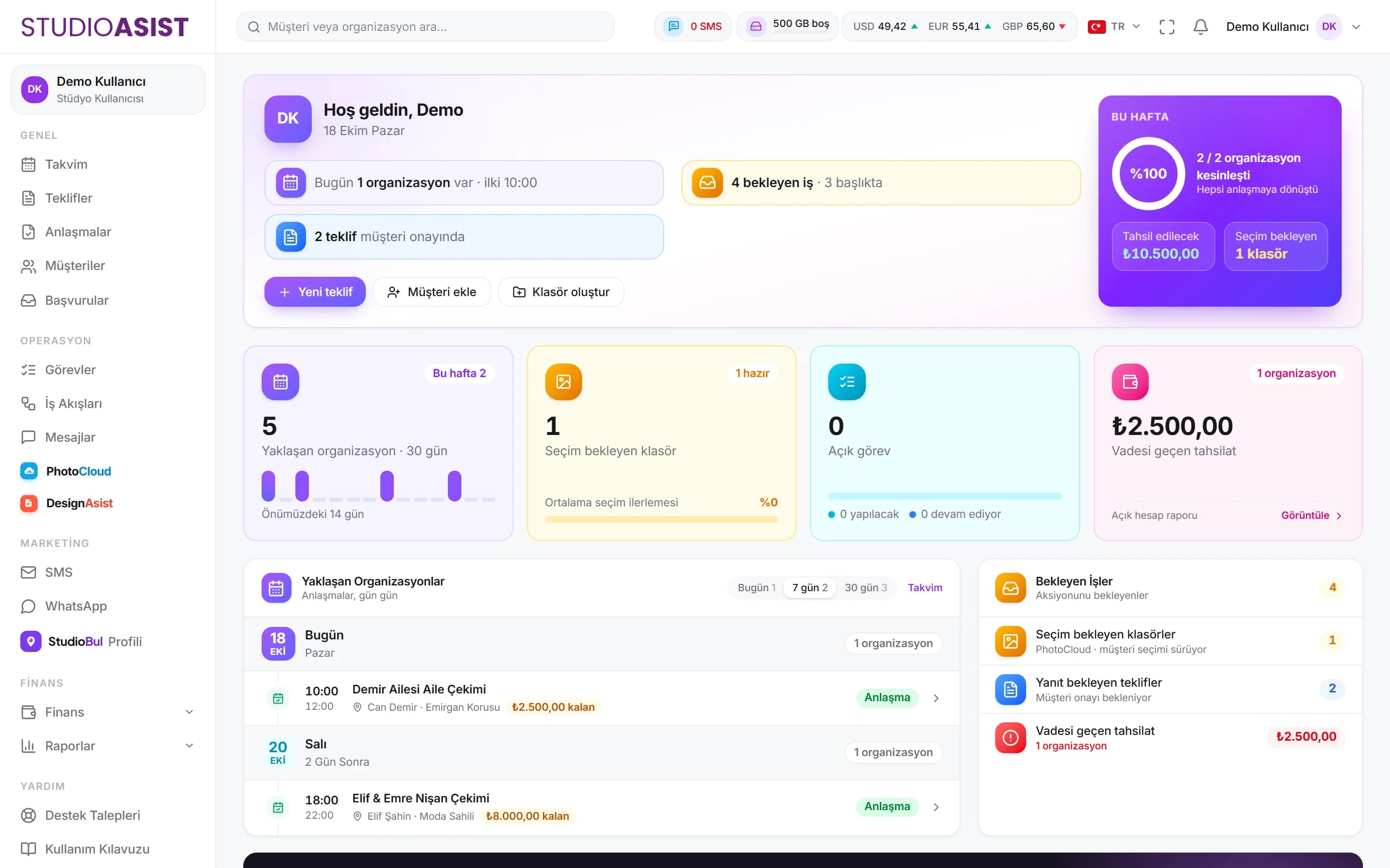 StudioAsist web paneli: günün organizasyonları, bekleyen işler ve özet